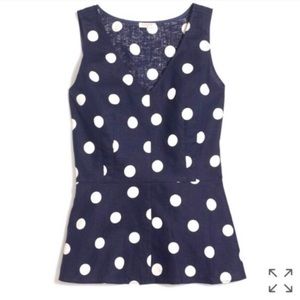 J crew peplum navy and white polka dot top